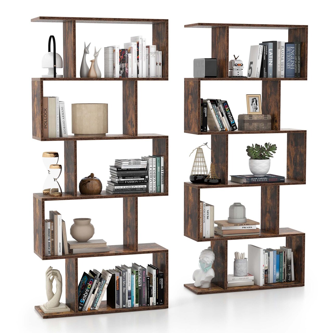 Costway 5-Tier Bookshelf Geometric S-Shaped Bookcase Room Divider Storage Display Shelf